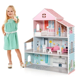 COSTWAY Wooden Dollhouse for Kids 3-Tier Toddler Doll House W/furniture Gift for Age 3+