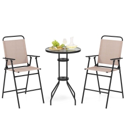 COSTWAY 3PCs Patio Bistro Set Folding Chairs Round Bar Table With 1.6" Umbrella Hole Yard