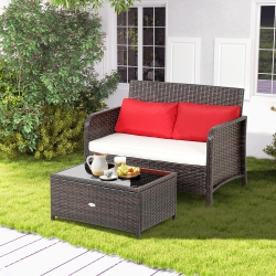 COSTWAY 2PCs Patio Rattan Wicker Love-Seat Coffee Table Set Cushioned Bench Garden Deck