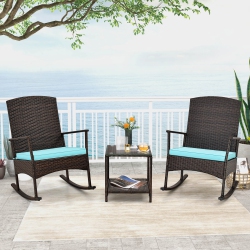 COSTWAY 3 Piece Patio Rocking Set Wicker Rocking Chairs With 2-Tier Coffee Table