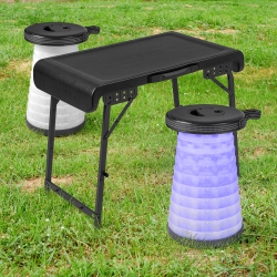 COSTWAY 3-Piece Folding Table Stool Set With A Camping Table & 2 Retractable Led Stools