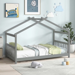 COSTWAY Twin Size House Bed With Roof Wooden Low Floor Bed No Box Spring Needed Natural/gray/white