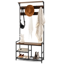COSTWAY 3-In-1 Coat Rack Industrial Hall Tree Shoe Bench Entryway Storage Shelf With Hooks