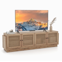 GYMAX 4-Door Pe Rattan Media Console Table Farmhouse Tv Stand for Tvs Up to 75" Oak