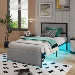 GYMAX Twin Size Bed Frame W/ Storage Drawer Metal Platform Bed W/ Led Lights