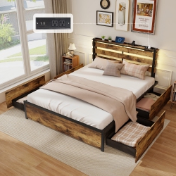 GYMAX Queen Size Bed Frame W/ Drawers Led Lights Outlets & USB Ports Smart App Control