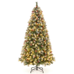 COSTWAY 7.5 Ft Artificial Christmas Tree Hinged With 560 Warm Led Lights & 267 Berries In Red