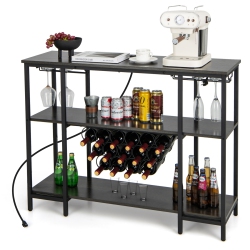 COSTWAY Wine Cabinet Bar Table Wine Rack Table for Drinks Glasses With Power Outlets