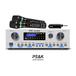 PEAK Karaoke Bluetooth System Package (5000W): Feedback Eliminator, Loudness Feature, Echo, Am/fm (Silver); Two Uhf Wireless Rechargeable