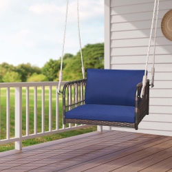 COSTWAY Porch Swing Chair Rattan Woven Hanging Bench Seat With Cushions Hooks Balcony In Navy
