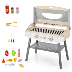 COSTWAY Kids Barbecue Grill Playset, Wooden Kitchen Playset With Clip 4 Bbq Poles