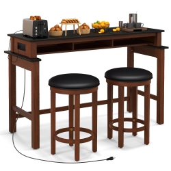 GYMAX 3-Piece Home Bar Set Counter Height Bar Table W/ 2 Upholstered Bar Stools & Walnut In Black