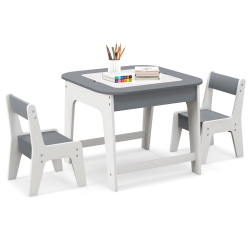 GYMAX 3-In-1 Kids Wooden Table & 2 Chairs Set W/ Storage Detachable Blackboard Drawing
