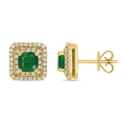 GEM AND HARMONY 1.00 Carat (Ctw) Emerald And Diamond Halo Square Stud Earrings In 14K Gold In Yellow