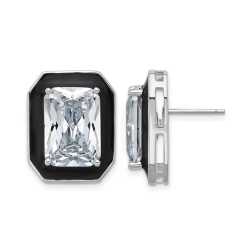 GEM AND HARMONY Synthetic Cubic Zirconia (Cz) Emerald-Cut Earrings In Sterling Silver With Enamel In Black