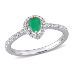 GEM AND HARMONY 1/4 Carat (Ctw) Emerald Pear Halo Ring In 14K Gold With Diamonds In White