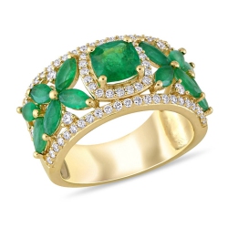GEM AND HARMONY 2.54 Carat (Ctw) Emerald Flower Band Ring In 14K Gold With Diamonds 1/2 Carat (Ctw) In Yellow