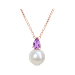 GEM AND HARMONY 8.5-9MM Freshwater Cultured Drop Pearl Pendant Necklace With Amethyst Sterling With Chain In Silver