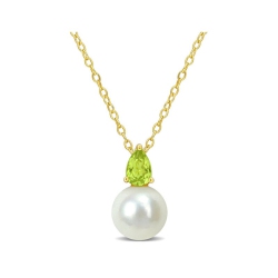 GEM AND HARMONY 8.5-9MM Freshwater Cultured Drop Pearl Pendant Necklace With Peridot Sterling Silver With Chain In Yellow