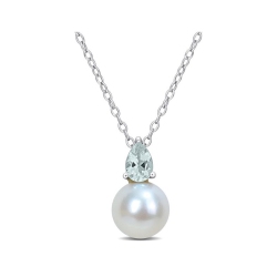 GEM AND HARMONY 8.5-9MM Freshwater Cultured Drop Pearl Pendant Necklace With Aquamarine Sterling With Chain In Silver
