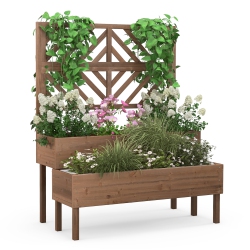 COSTWAY 2-Tier Raised Garden Bed With Trellis Wooden Elevated Planter Box for Vegetables