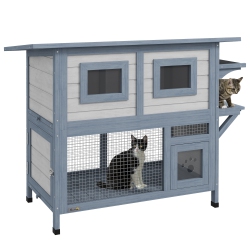 PAWHUT Outdoor Cat House, 2 Tier Wooden Feral Cat Shelter \w Escape Door, Weatherproof Roof, Jump Platform, Observer Windows, for 1-2 Cats, Outside