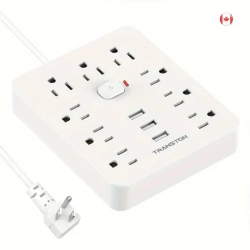 TRANSTON Fireproof Desktop Charging Station Surge Protector \w 9 Sockets, 3 USB Ports, Flat Plug, Wall-Mounted 5Ft Extension Cord – White, Perfect