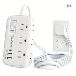 WAKASMART Flat Plug Surge Protector Power Strip - 5Ft Ultra Thin Extension Cord, 3 USB Wall Charger (1 USB-C), 6 Outlets Compact Charging Station