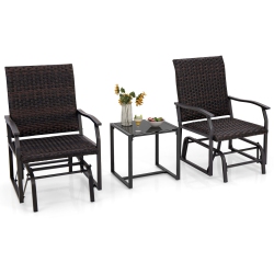 COSTWAY 3 PCs Patio Gliding Set With Tempered Glass Coffee Table Quick Dry Foam Wicker All Weather