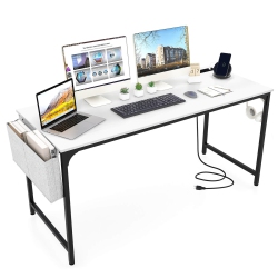 COSTWAY 60" Modern Computer Desk With Charging Station With Storage Bag & Headphone Hook In White