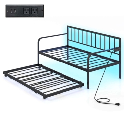 COSTWAY Twin Daybed Adjustable Sofa Bed Frame With Charging Station & Led Lights