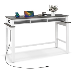 COSTWAY Bar Table With Power Outlets Counter Height Table With Storage Compartments Wooden