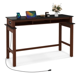 COSTWAY Bar Table With Power Outlets Counter Height Table With Storage Compartments Wooden
