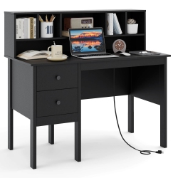 COSTWAY 48" Computer Desk With Power Outlets Type-C 5-Cubby Hutch & 2 Storage Drawers