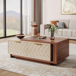 TRIBESIGNS Extendable Coffee Table With 2 Storage Drawers, Dual-Tone Center Table With Sliding Tabletop