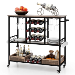 COSTWAY 3 Tiers Bar Cart Home Serving Cart On Wheels With Glass Racks Wine Holders