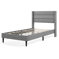 COSTWAY Twin Bed Frame With Wingback Headboard Linen Upholstered Platform Bed In Grey