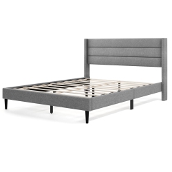 COSTWAY Queen Bed Frame With Wingback Headboard Linen Upholstered Platform Bed In Grey