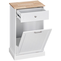 HOMCOM Tilt Out Trash Cabinet, Hidden Garbage Bin Cabinet With Drawer And Solid Wood Countertop, Free Standing Kitchen Trash Can Holder In White