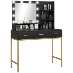 HOMCOM Vanity Desk With Mirror And Lights, Makeup Vanity With 3 Drawers, Open Shelves And 10 Led Bulbs, Dressing Table for Bedroom In Black
