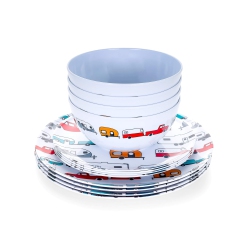 CAMCO Life Is Better At The Campsite 12 Piece Dishware Set-Multicolor Retro Rv And Trailer Print