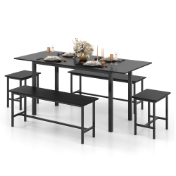 GYMAX 5 PCs Dining Table Set for 4-6 W/ 2 Benches & 2 Stools Metal Frame Dining Room In Black