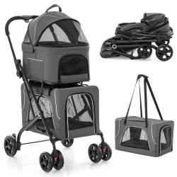 GYMAX Double Pet Stroller for 2 Dogs Or Cats W/ 2 Detachable Carriers Safety Belt In Gray