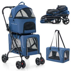 GYMAX Double Pet Stroller for 2 Dogs Or Cats W/ 2 Detachable Carriers Safety Belt In Blue