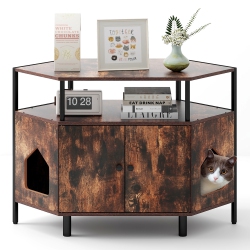 GYMAX Corner Cat Litter Box Enclosure End Table W/ Open Shelf 2 Entries Double Doors Rustic In Brown