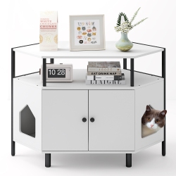 GYMAX Corner Cat Litter Box Enclosure End Table W/ Open Shelf 2 Entries Double Doors In White