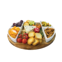 JS GOURMET - Acacia Wood Serving Tray Set With Ceramic Bowl And Knives