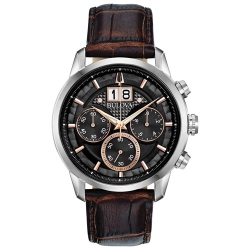 BULOVA Mens Sutton Quartz Watch 44MM Silver-Tone Stainless Steel Case Leather Strap With Black Dial (96B311) In Brown