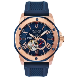 BULOVA Mens Marine Star Automatic Watch 44MM Rose Gold-Tone Stainless Steel Case With Blue And Silicone Strap With Blue Dial (98A227) In Red