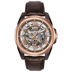 BULOVA Mens Sutton Automatic Watch 43MM Black And Rose Gold-Tone Stainless Steel Case Leather Strap With Dial (98A165) In Brown